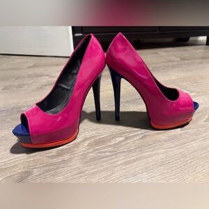 Millennials nostalgic dream shoes. Stylish Pink and Blue Peep-Toe Heels